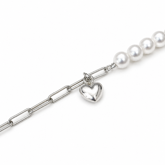 Pulseira Perolas e Elos com Pingente Coração